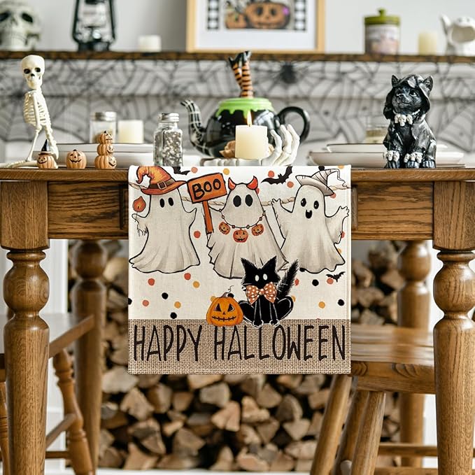 Artoid Mode Beige Ghost Jack-O'-Lantern Black Cat Halloween Table Runner,Holiday Kitchen Dining Table Decoration for Home Party Decor 13 x 72 Inch
