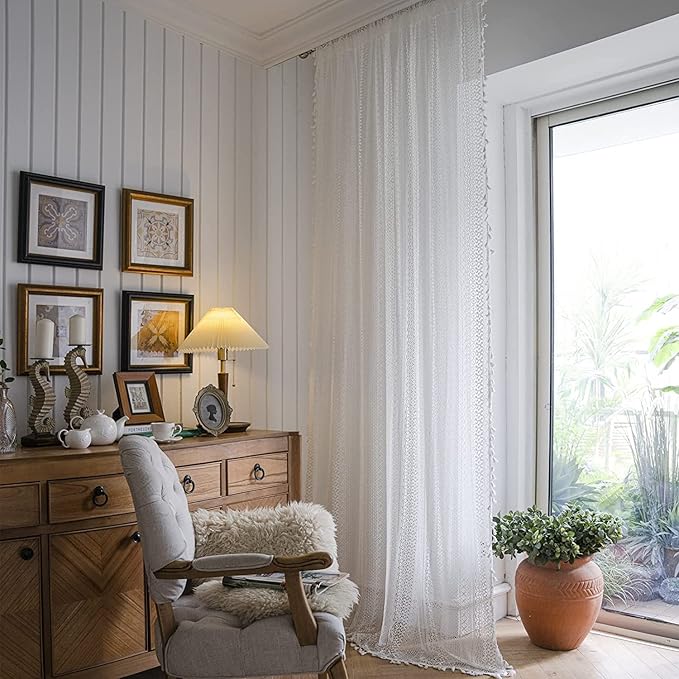 Sutuo Home White Crochet Boho Curtains 72 Inches Length, Sheer Lace Handmade Tassels Knitted Window Treatment Vintage Rustic Bohemian Farmhouse Drape for Bedroom Rod Pocket 1 Panel 59" W x 72" L