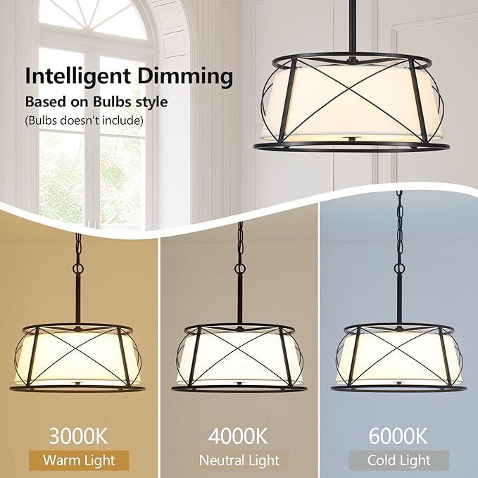 15.7" Black Drum Chandelier,3-Light Modern Farmhouse Chandelier,White Fabric Drum Shade Pendant Light Fixture for Dining Room Kitchen Island Bedroom Entryway