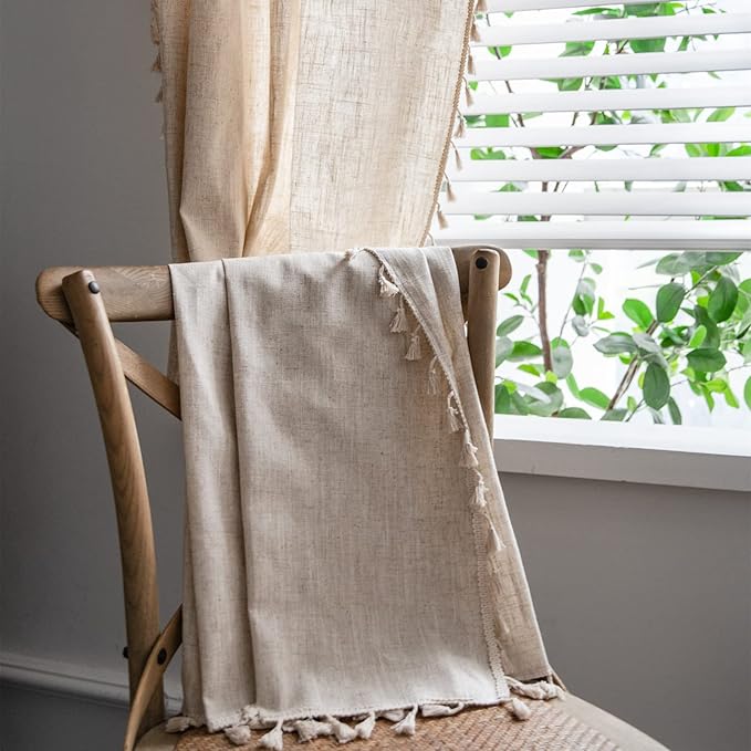 Sutuo Home Boho Curtain 63 Inches Long for Bedroom, Natural Linen Look Textured Burlap Rod Pocket Chic Semi Blackout Bohemian Handmade Tassels Window Treatment for Living Room, 1 Panel 59" W x 63" L