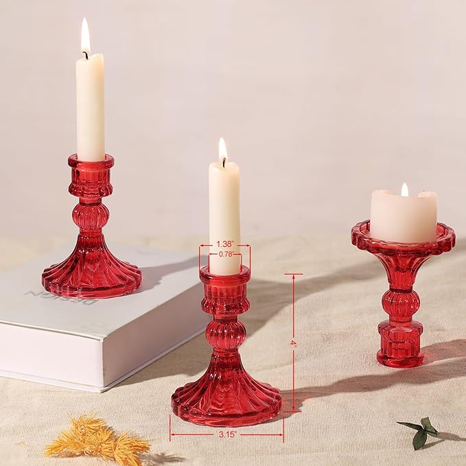 12PCS Red Candlestick Holders Set- 4" H Taper Candle Holders, Glass Candle Holders Bulk for Activities, Party, Home Table Centerpieces, Festival Gifts & Windowsill Decor