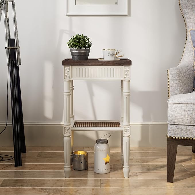 Rustic Farmhouse Cottagecore Accent End Table Set of 2, Distressed Accent Side Table with Espresso Tray Top and Woven Wicker Shelf, Boho, French Country Decor, Square, Weathered Brown & White