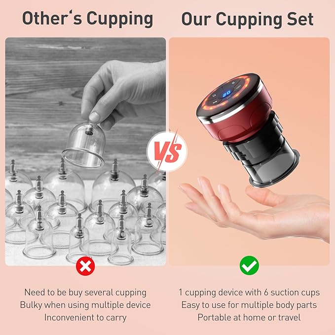 UBALANCE Cupping Kit for Massage Therapy, Cupping Therapy Set 6 Cups, Electric Smart Cupping Machine, 4 in 1 Negative Pressure Massager with 12 Modes for Fatigue Relief, Red