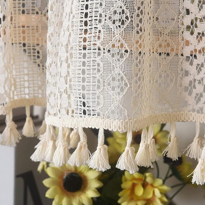 Sutuo Home Boho Sheer Curtain Valance Crochet Lace with Bohemian Hollow Knitted Handmade Tassels, Short Farmhouse Window Treatment for Kitchen Cafe, Rod Pocket, 1 Panel 59" W x 18" L, Beige