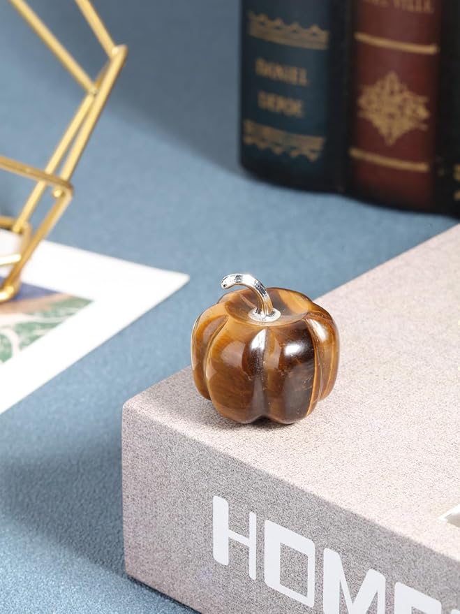 Jovivi Tiger Eye Crystal Pumpkin Figurine, 1.2" Mini Carved Gemstone Pumpkin Statue Decor Healing Stones Decorative Ornaments for Fall Harvest Thanksgiving Halloween Decorations Home Decor