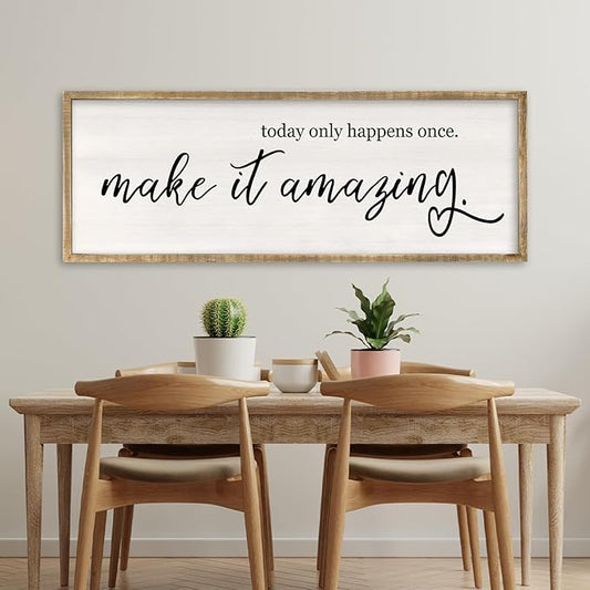 RLWangChao Today Only Happens Once Make It Amazing Wall Art Decor 40x15 Inch Large Inspirational Quote Sign Rustic Living Room Vintage Wood Frame Office Motivational Home Wall Hanging (Wood)