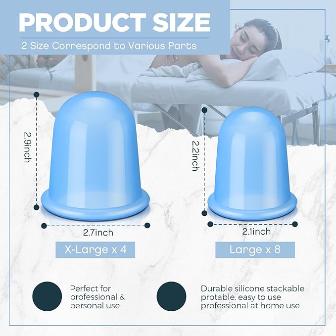TrelaCo 12 Pcs 2 Size Cupping Therapy Set Silicone Anti Cellulite Cupping Kit for Massage Therapy Cupping Therapy Set Vacuum Suction Cup for Arthritis Relief, Pain Reduction Adults Home Use(Blue)