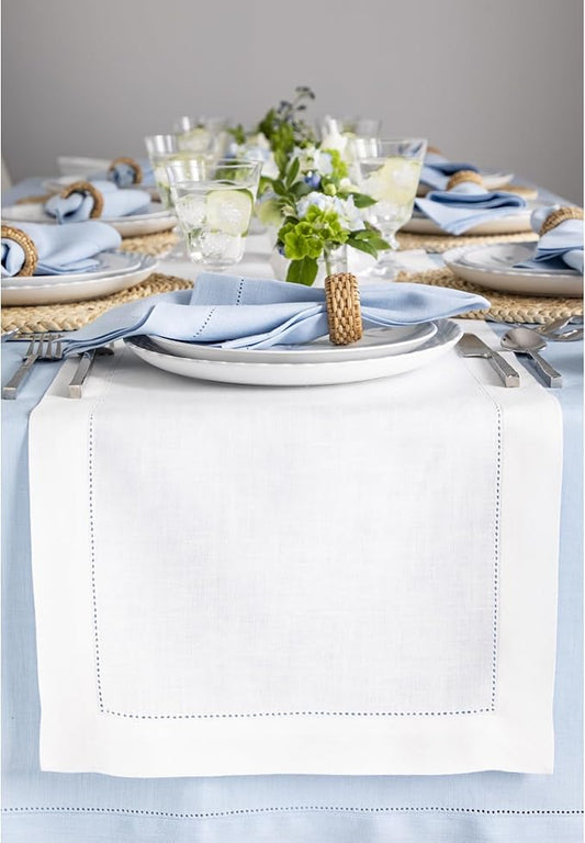 Solino Home Linen White Table Runner 120 Inches Long - 100% Pure Linen Hemstitch 14 x 120 Inch Table Runner for Dining, Fall, Autumn, Halloween, Thanksgiving - Classic Hemstitch