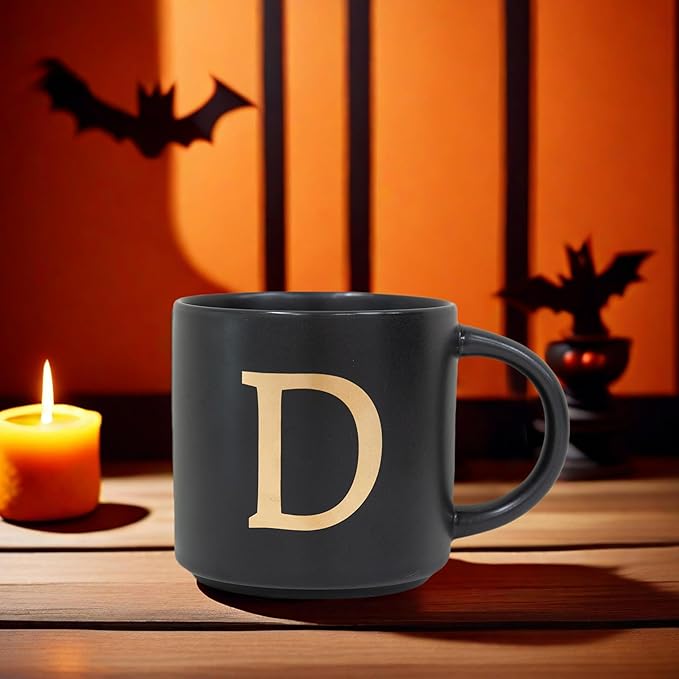 COLLECTIVE HOME - Monogram Ceramic Mugs, 15 oz Golden Initial Black Coffee Cups, Elegant Alphabet Tea Mugs, Elegant Personalized Mug with Gift Box, Unique Mug with Double Side Capital Lette (D)