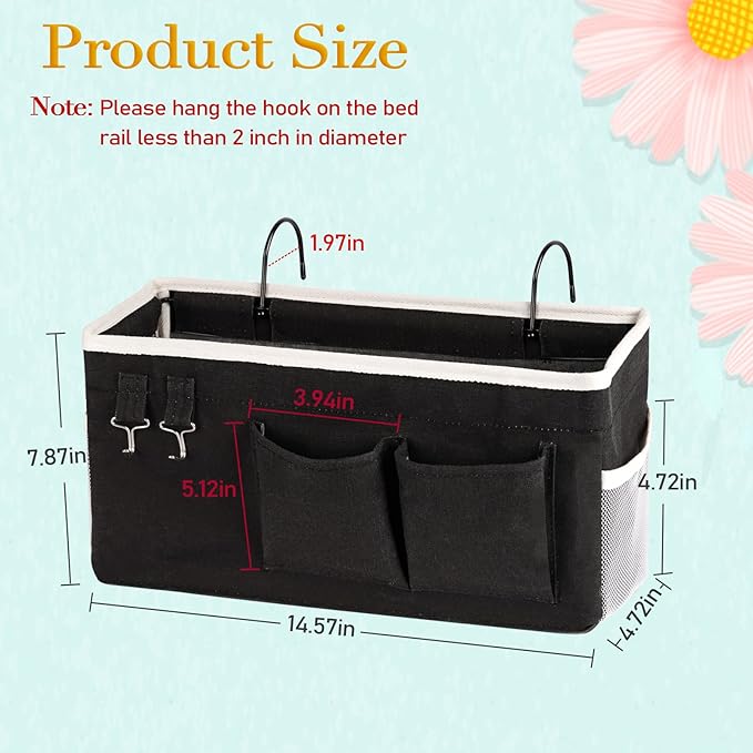 Bedside Storage Caddy/Bedside Hanging Storage Bag for Headboards Bunk Beds Dorm Rooms Book Phone Magazine Holder (Black)