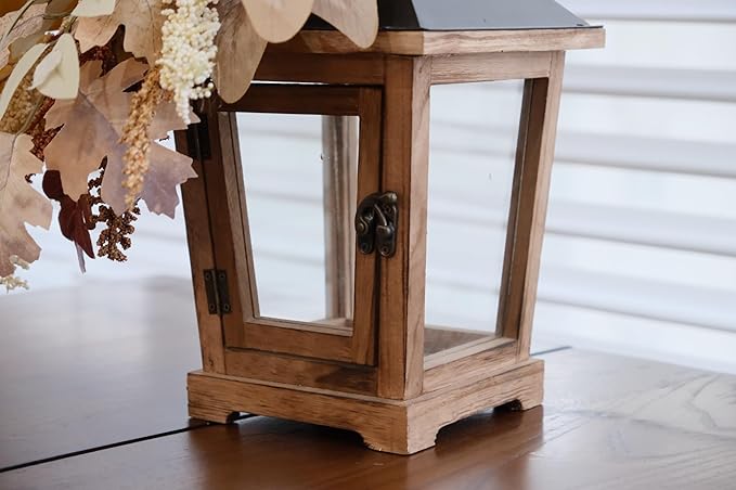 Fall Themed Decorative Wooden Hurricane Candle Lantern - Candle Holder Fall Decor for Home Farmhouse Indoor Outdoor Table Shelf - 14" Tall