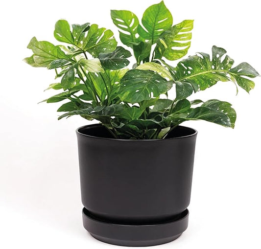 Elly Décor 14 inch Plastic Cylinder Planter Pot with Self-Watering Saucer and Drainage Hole,Lightweight & Extremely Durable, 14"x 14", Charcoal