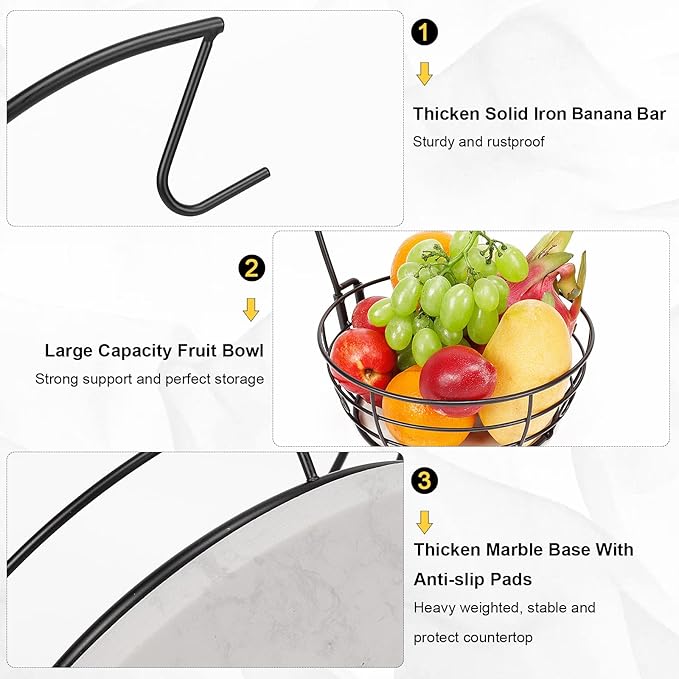 Livabber Countertop Fruit Basket Bowl with Banana Hanger, Modern Standing Fruit Vegetable Bowl Storage, with Banana Tree Holder for Kitchen Dinning Table (Round Marble, Black)
