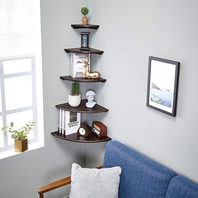 Corner Shelf, Solid Oak Wood Floating Corner Shelf Wall Mount Round End Floating Speaker with Wire Hole for Small Plant Photo for Bedroom Kitchen, Living Room Walnut