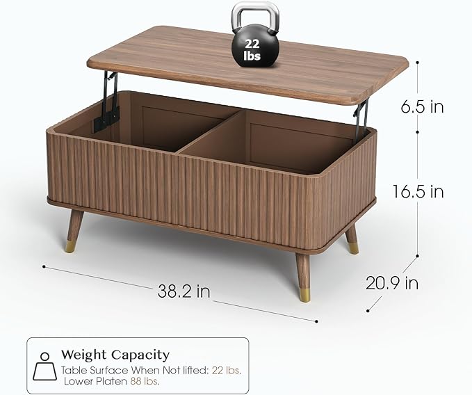 Lift Top Coffee Table with Storage,Mid Century Modern Coffee Table,Fluted Wood Rectangle Center Table for Living Room,Home Office,Walnut