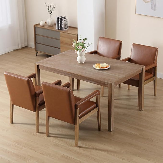 Kmax Modern Dining Chairs Set of 4 Faux Leather Kitchen Arm Chairs Upholstered Accent Chairs with Wooden Legs for Dining Room, Living Room, Bedroom, Brown