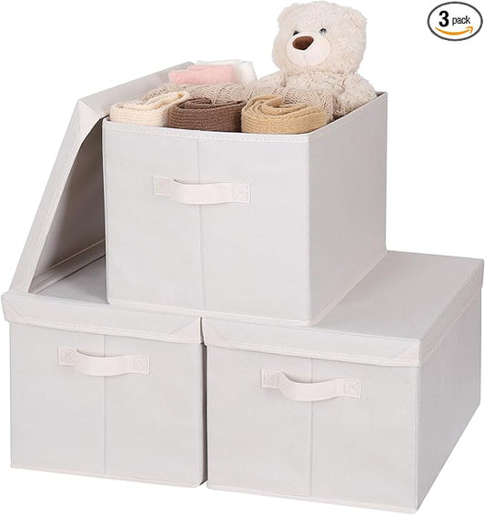 WUIKE Closet Storage Bin with Lids, Decorative Fabric Storage Bins for Clothes, Collapsible Storage Boxes for Home and Closet Organization, Beige, Extra Large, 3-Pack