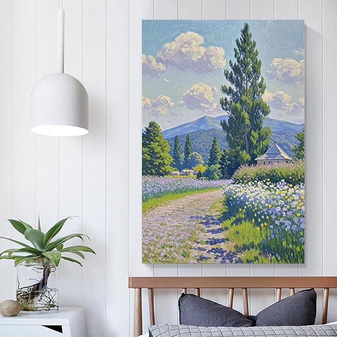 Countryside wildflowers landscape canvas poster natural plant flower artwork retro pastoral flower path suitable for farmhouse decoration