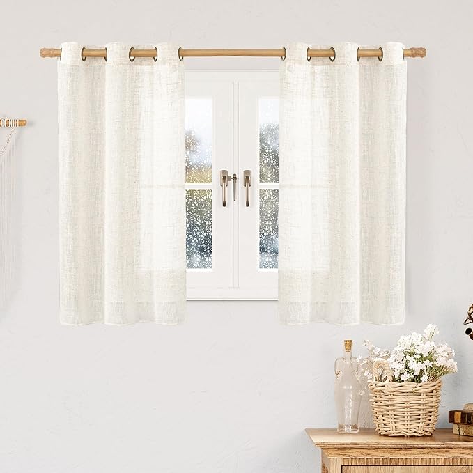 LAMIT Cream Linen Sheer Curtains 54 Inch Length 2 Panels Set, Short Linen Textured Light Filtering Panels Bronze Grommet Neutral Drapes for Small Windows/Bedroom/Kitchen, 34 x 54 Inch