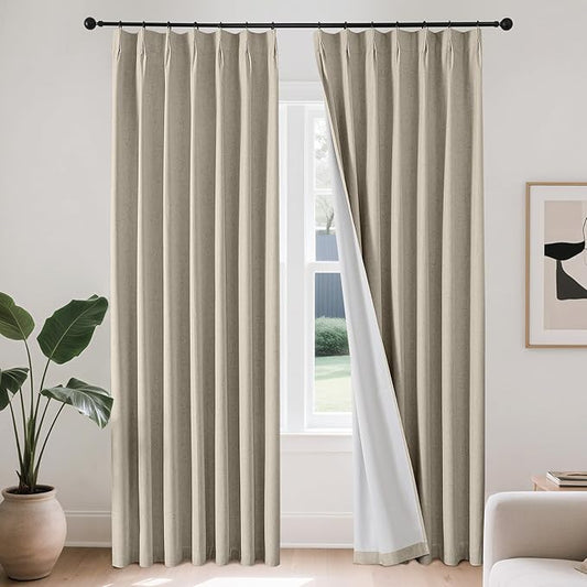 Joydeco Pinch Pleated Linen Curtains for Living Room, 100% Blackout Darkening Curtains 72 inches Length 2 Panel Thermal Insulated Pinch Pleat Drapes(Cobblestone,40'' Wx72'' L)