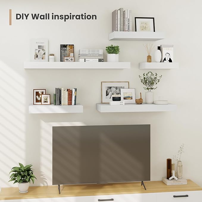Heimlove 12 Inch Deep Floating Shelves, 16 x 12 inches Long Wall Shelf, Large Extra Display Shelf & Storage Shelf, Rustic Wood Wall Shelves for Fireplace Mantel, White - 2Pack