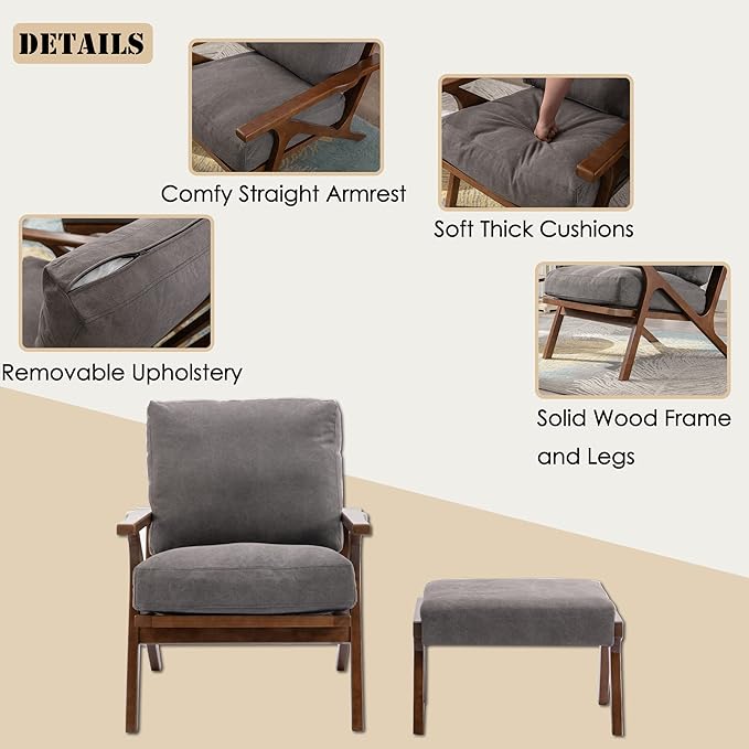 chairus 2 Sets Mid-Century Modern Accent Chairs with Ottoman, Linen Fabric Armchair with Wood Legs Comfy Upholstered Single Sofa Chair for Living Room/Bedroom/Lounge, Grey