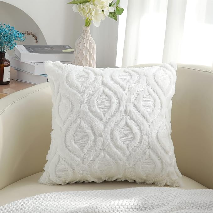 decorUhome Throw Pillow Covers 24x24 Inch Set of 2, Soft Plush Decorative Faux Fur Cream Beige Solid Couch Pillow Covers, Accent Farmhouse Neutral Square Euro Pillow Cases for Sofa Bed Living Room