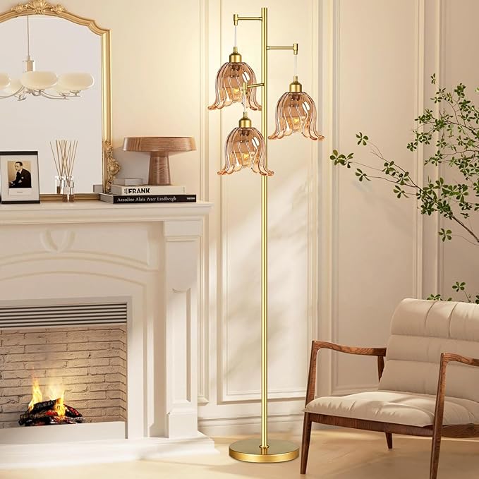 Gold Floor Lamp for Living Room,Bedroom,Tree 3 Light Standing Lamp Mid Century Modern Brass Tall Floor Lamps Vintage Retro Floor Lights Glass Flower Amber Lamp Shade Farmhouse Boho Bohemian