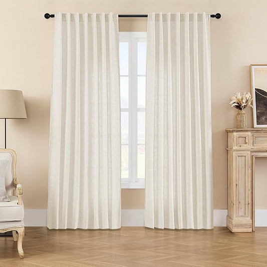 Joydeco Linen Curtains 2 Panel Set,Light Filtering, Ivory on Linen Curtains 90 Inch Curtains for Living Room, Cream Drapes 90 Inches Long Rod Pocket Back Tab Curtains (90" L x 70" W)