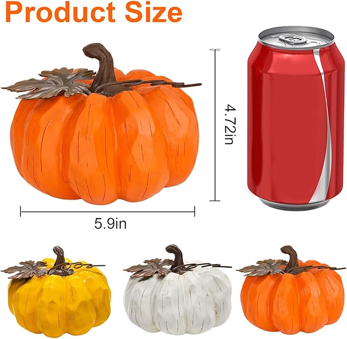 Large Pumpkin Decor Fall Decor, 3PCS Resin Pumpkins Thanksgiving Decorations with Metal Maple Leaf,5.9Inch Artificial Pumpkins for Home, Farmhouse, Mantel, Centerpiece Table Decorations