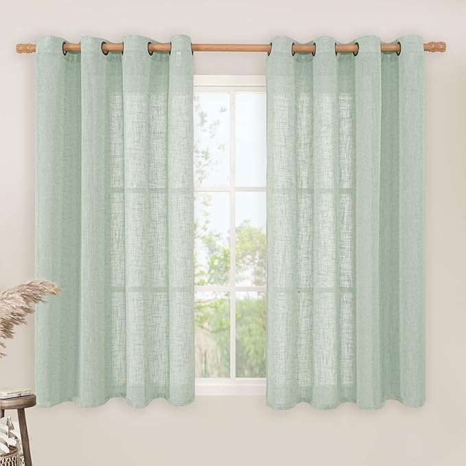 LAMIT Light Sage Linen Curtains 45 Inches Long for Bedroom, Semi Sheer Light Filtering Panels Bronze Grommet Neutral Drapes for Kitchen/Window/Bedroom, 2 Panels Set, 52 x 45 Inch