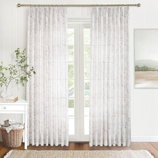 Pink Floral Pinch Pleated Linen Curtains - 2 Panels of Privacy Light-Filtering Printed Curtains Suitable for Dining Rooms and Farmhouses.52 Inches Wide by 96 Inches Long