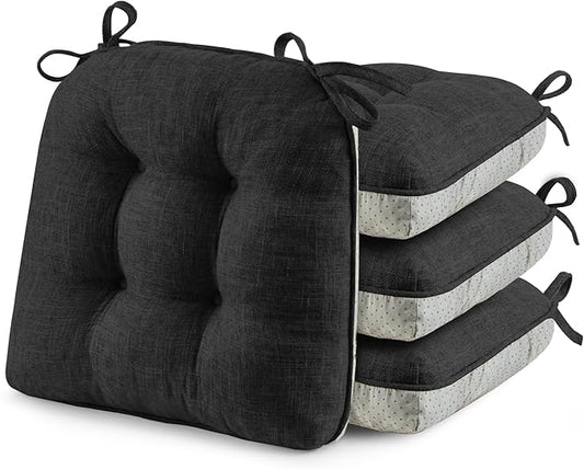 puredown® Chair Cushions for Dining Chairs, Tufted Memory Foam Chair Pads with Non-Slip Backing, Kitchen Seat Cushions with Ties, Washable Seat Pad Set of 4, 15.5" x 15.5" x 4", Black