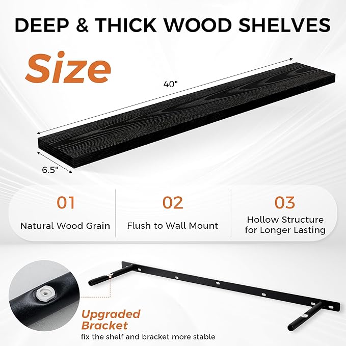 Floating Shelves for Wall, 40 Inch Floating Shelves for Home Decor, Wall Mounted Rustic Wood Shelves, Bathroom, Hanging Deep Shelf for Bedroom, Living Room, Kitchen (Black, Set of 2)