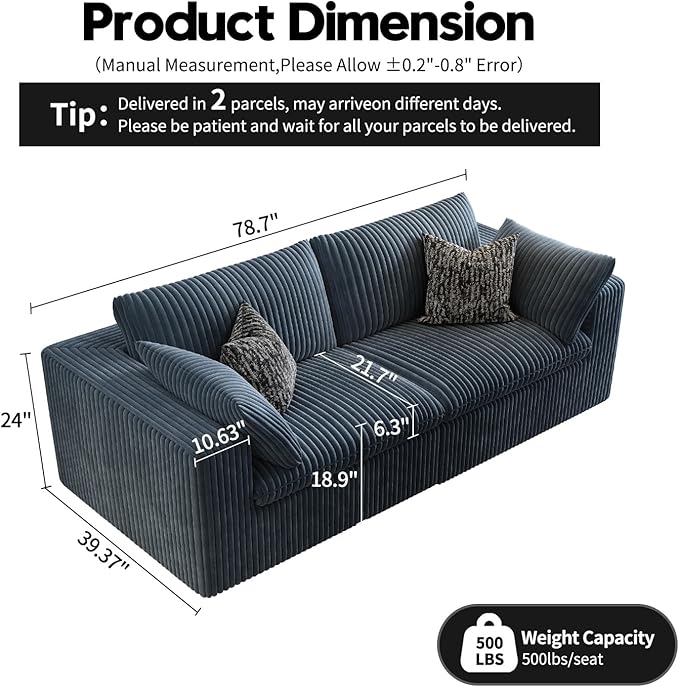 LoveSeat Cloud Couch Modular Sectional Sofa for Living Room,Modern Sofa with Deep Seat，2 Seater Boneless Couch,Comfy Upholstered Corduroy Couches for Apartment, Studio, Office,Bedroom，Blue
