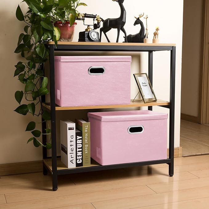PRANDOM Collapsible Storage Bins with Lids [3-Pack] Leather Fabric Foldable Storage Boxes Organizer Containers Baskets Cube with Cover for Bedroom Closet Office Nursery Pink (14.9x10.8x10)