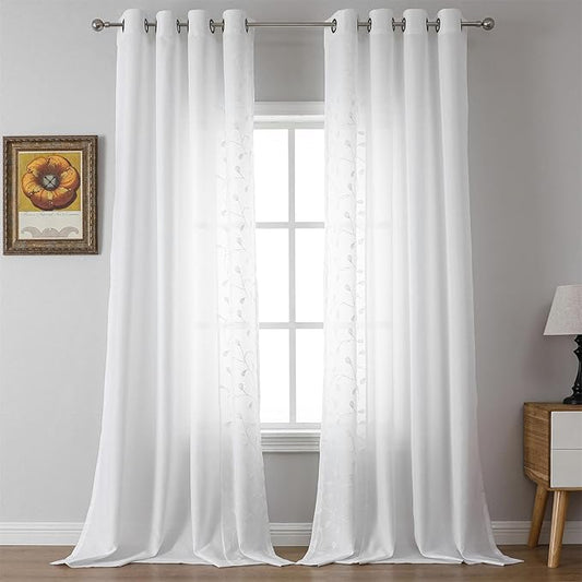 MIUCO Light Filtering Faux Linen Curtains, 84 Inches Long for Bedroom & Living Room, Pure White Floral Embroidered Solid Mix and Match, Semi Sheer Grommet Farmhouse Drapes, 2 Panels Set