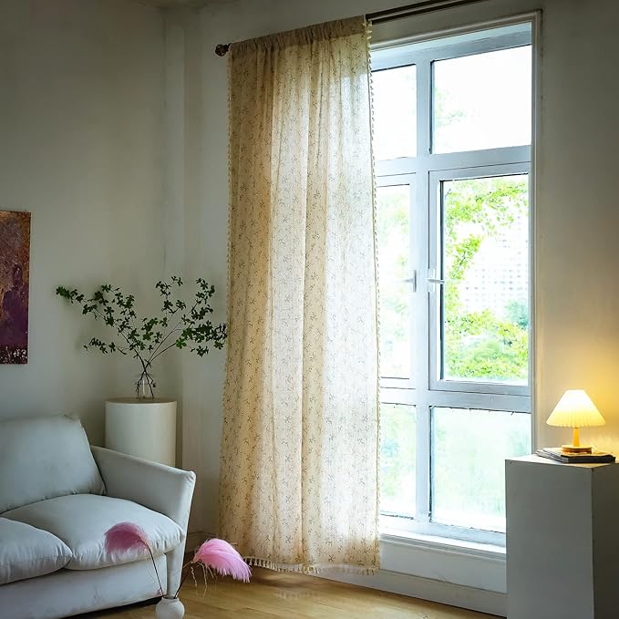 Sutuo Home Florals Boho Farmhouse Curtains, Semi-Blackout Drape Bohemian Window Treatment Cotton Linen Panel with Tassels for Bedroom Living Room, Rod Pocket, 1 Panel 59" W x 84" L