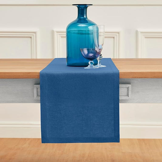 Solino Home Linen Table Runner 108 Inches Long - 100% Pure Linen Indigo Blue Dining Table Runner 14 x 108 Inch for Fall, Autumn, Thanksgiving - Fete