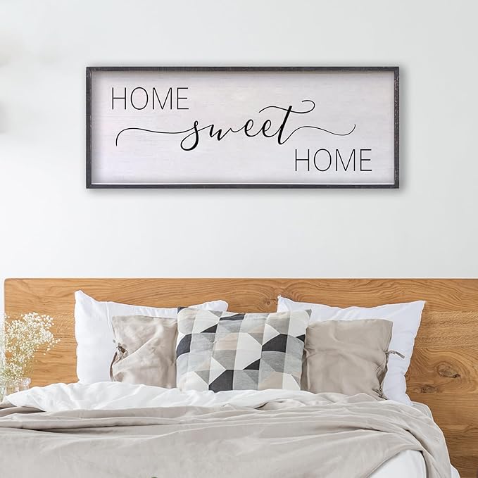 Home Sweet Home Sign Wall Decor 40"x15" Above Bed Living Room Large Wooden Framed Family Plaques Art (Black)