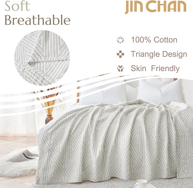 jinchan Boho 100% Cotton Blanket Muslin Twin Size 60x80 Inches Lightweight 3-Layer Geometric Triangle Striped Reversible Quilt Throw Soft Breathable Comfy All Seasons for Couch Bed Decor, Light Grey