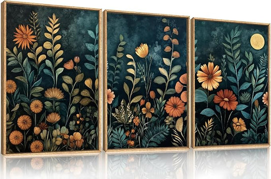 Celestdeco Vintage Dark Botanical Framed Canvas Wall Art Set, Colorful Floral Wall Decor, Nature Wildflower Wall Painting, Colorful Blossom Art Prints for Living Room, Bedroom, Office - 24"X36"X3