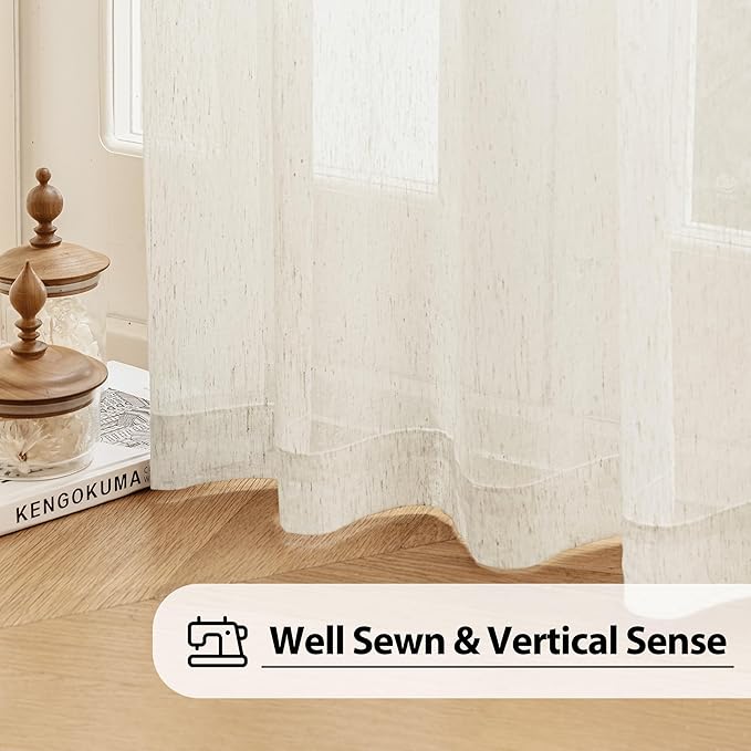 FMFUNCTEX Linen Sheer Sliding Door Curtains for Bedroom, Beige Curtains 84 Inches Long Window Curtain Drapes for Living Room, Natural Patio Glass Door Extra 100 Wide Curtain, Rod Pocket 1 Panel