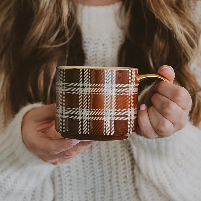 Sweet Water Decor Brown Plaid Mug with Gold Handle, 14oz Fine Bone China Coffee Cup for Tea, Latte, or Hot Cider, Cozy Fall Drinkware, Housewarming & Hostess Gift for Autumn and Thanksgiving