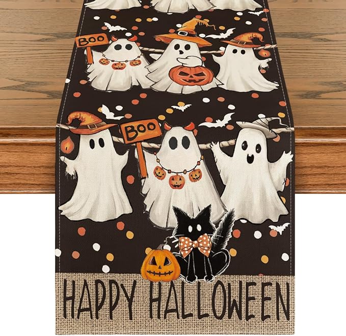 Artoid Mode Ghost Jack-O'-Lantern Black Cat Halloween Table Runner,Holiday Kitchen Dining Table Decoration for Home Party Decor 13 x 36 Inch