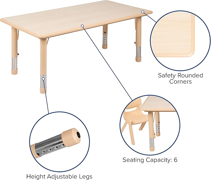 EMMA + OLIVER 23.625" W x 47.25" L Rectangle Natural Plastic Activity Table Set with 6 Chairs
