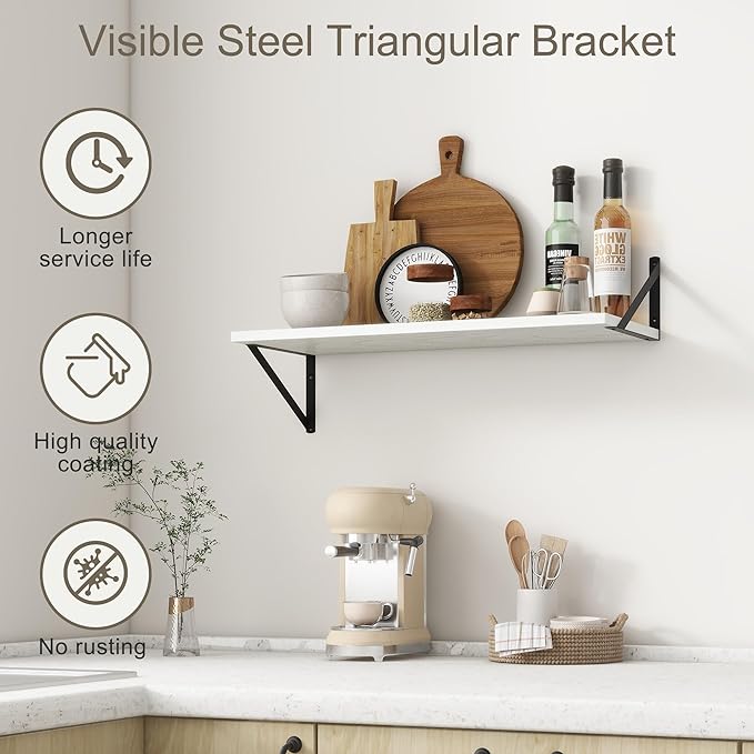 Fun Memories 27.5" W x12 D Floating Shelves, White Wall Shelf with Brackets, 12 Inch Deep Floating Shelf Set of 2, Large Storage Kitchen Living Room Bathroom Shelves, Wood Wall Mounted Shelf