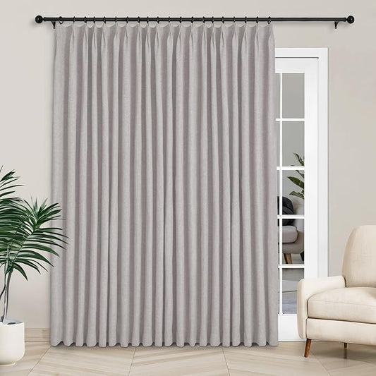 Macochico 100”Wx102”L 100% Blackout Pinch Pleated Linen Curtains for Sliding Door Bedroom Living Room Farmhouse Thermal Insulated Browish Grey Burlap Drapes with Tieback 1 Panel Shabby Chic Style
