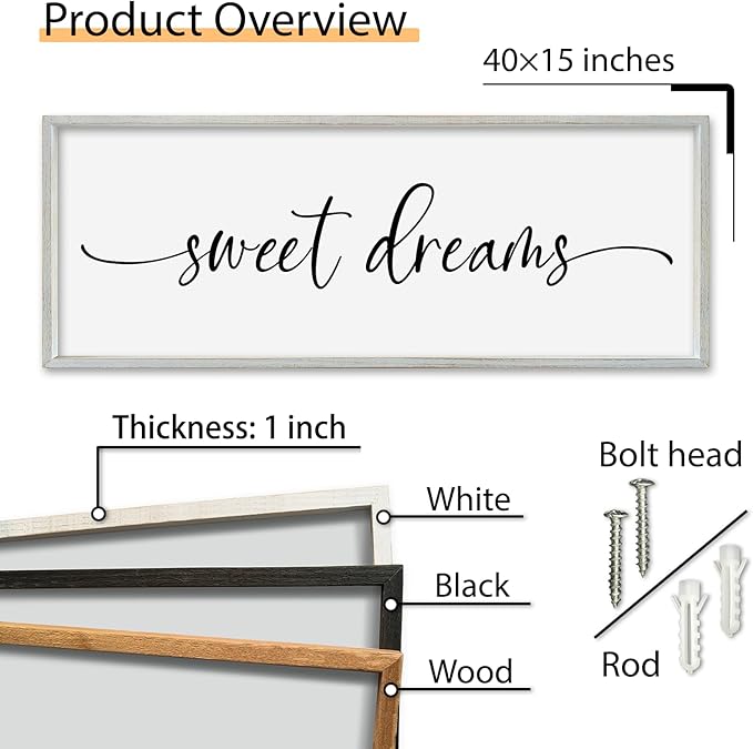 SRSZHIYUE Sweet Dreams Above Bed Wall Decor, 40"x15" Large Rustic Master Bedroom Over Bed Sign Guest Room Couples Wood Framed Farmhouse Horizontal Hanging Decoration (White)