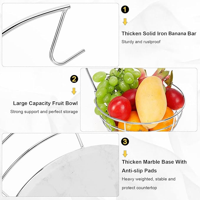 Livabber Countertop Fruit Basket Bowl with Banana Hanger, Modern Standing Fruit Vegetable Bowl Storage, with Banana Tree Holder for Kitchen Dinning Table (Round Marble, Chrome)